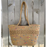Straw Bag Woven Papyrus Large Capacity Simple Hollow Design Woven Basket Bag for Travel Holiday Colorful Dots in Light Tan In Australia - Darrahopens