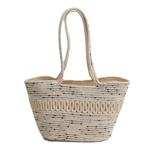 Straw Bag Woven Papyrus Large Capacity Simple Hollow Design Woven Basket Bag for Travel Holiday Black Dots in White In Australia - Darrahopens