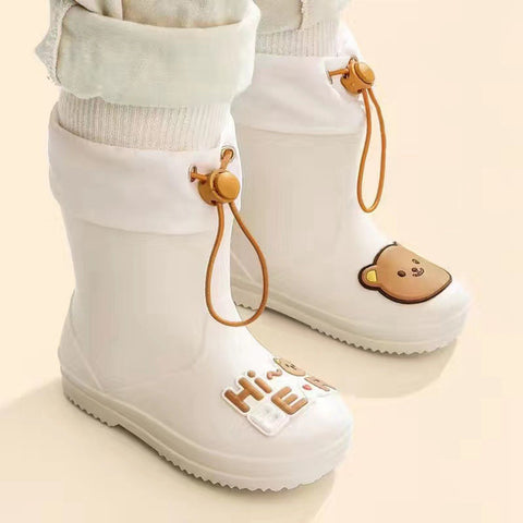 Children Rain Boot Anti Slip Waterproof Rain Boots Beam Port Cartoon Student Water Shoes for Boys Girls With Drawstring Rice White Bear 16 In Australia - Darrahopens