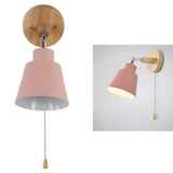 Macaron Bedside Wall Lamp Space Saving Pink Lampshade Wall Sconces with Wood Base for Living Room Bedroom Office 100‑240V