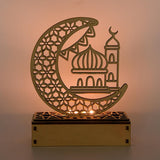 LED Eid Ramadan Hollow Decorations Openwork Carving Wooden Light Durable Table Light Crafts