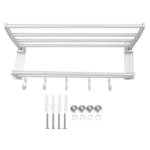 40cm Shower Shelf Foldable Aluminum Bathroom Towel Coat Rack with 5 Hooks Silver In Australia - Darrahopens