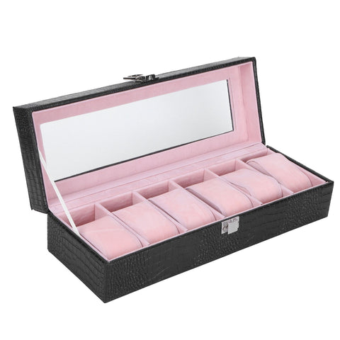 6-Slot Watch Box PU Leather Rectangular Wristwatch Display Case Organizer Gift Black In Australia - Darrahopens
