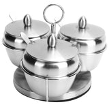 Stainless Steel Seasoning Pot Spice Salt Sugar Bowl Container with Rotating Storage Rack Lid Spoon