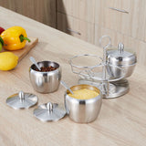Stainless Steel Seasoning Pot Spice Salt Sugar Bowl Container with Rotating Storage Rack Lid Spoon