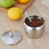 Stainless Steel Seasoning Pot Spice Salt Sugar Bowl Container with Rotating Storage Rack Lid Spoon
