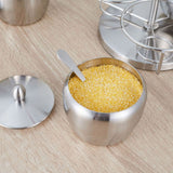 Stainless Steel Seasoning Pot Spice Salt Sugar Bowl Container with Rotating Storage Rack Lid Spoon
