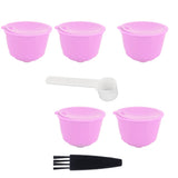 Reusable Capsules Set Refillable Coffee Filter Cup Pod for DOLCE GUSTO Coffee Machine(Purple 5 Capsules1 Spoon 1 Brush)