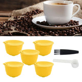 Coffee Machine Capsule Kit Reusable Coffee Filter Cup Accessories Fit for DOLCE GUSTO(Yellow 5 Capsules1 Spoon 1 Brush)