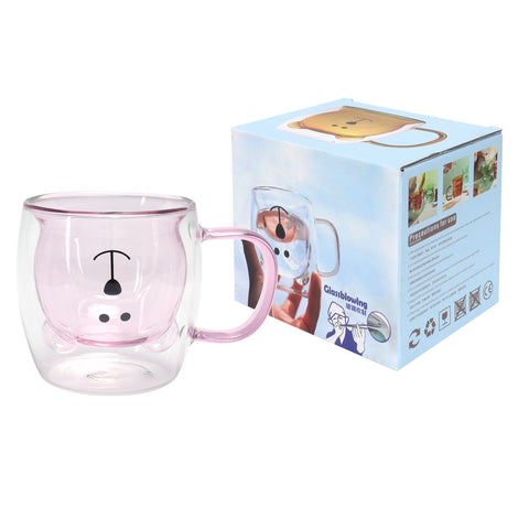 250ml Bear Shaped Glass Cup Double Wall Water Tea Coffee Milk Mug with Handle for HomePink In Australia - Darrahopens