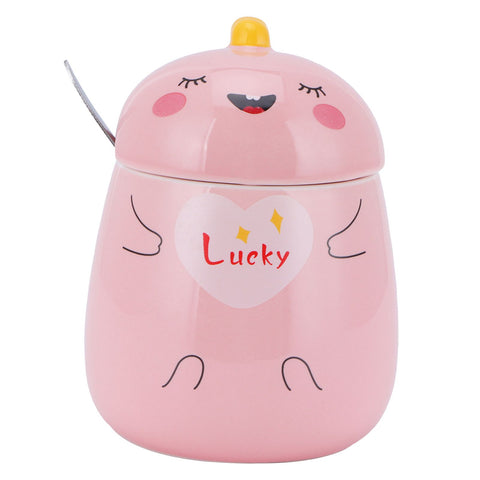 450ml Cute Ceramic Cup with Lid Spoon Water Cup Coffee Mug Girl Gift for Home OfficePink Lucky