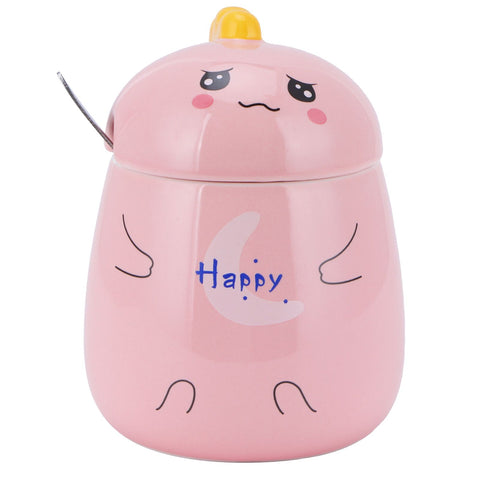 450ml Cute Ceramic Cup with Lid Spoon Water Cup Coffee Mug Girl Gift for Home OfficePink Happy In Australia - Darrahopens