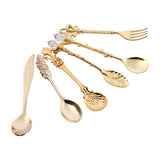 6Pcs/Set Retro Royal Style Metal Mini Coffee Spoons and Fork Kitchen Fruit Accessories Golden