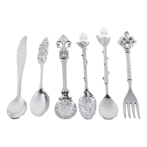6Pcs/Set Vintage Royal Style Metal Mini Coffee Spoons and Fork Kitchen Fruit Accessories Silver In Australia - Darrahopens