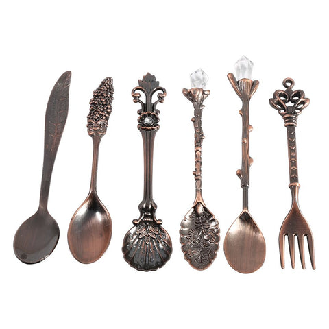 6Pcs/Set Vintage Metal Mini Coffee Spoons and Fork Kitchen Tableware Accessories Red Brass In Australia - Darrahopens