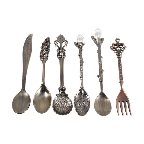 6Pcs/Set Retro Royal Style Mini Coffee Spoons and Fork Kitchen Fruit Dinnerware Antique Brass In Australia - Darrahopens