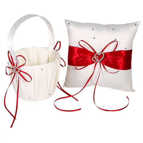 Flower Girls Basket and Ring Pillow Set Satin Bowknot for Wedding Party Decoration Red & Ivory In Australia - Darrahopens