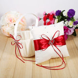 Flower Girls Basket and Ring Pillow Set Satin Bowknot for Wedding Party Decoration Red & Ivory In Australia - Darrahopens
