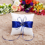 Wedding Ring Bearer Holder Pillow Cushion With Bowknot Stain Double Hearts Diamonds (Blue)