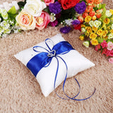 Wedding Ring Bearer Holder Pillow Cushion With Bowknot Stain Double Hearts Diamonds (Blue)