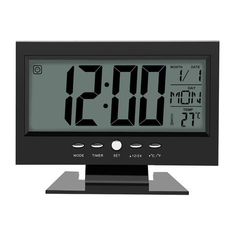 LCD Digital Sound Sensor Table Desk Alarm Clock with Calendar and Temp Display Black In Australia - Darrahopens