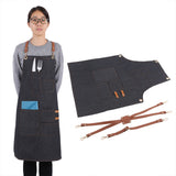 Denim Bib Apron Leather Strap Baker Bartender BBQ Chef Work Cook Uniform A