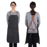 Denim Bib Apron Leather Strap Baker Bartender BBQ Chef Work Cook Uniform A