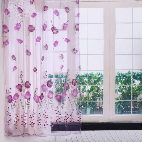 100*200cm Tulips Printing Tulle Curtains Sheer Drape Balcony Window Decoration Purple In Australia - Darrahopens
