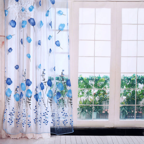 100*200cm Tulips Printing Tulle Curtains Sheer Drape Balcony Window Decoration Blue In Australia - Darrahopens
