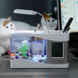 Multifunctional USB Rechargeable Mini Fish Tank Aquarium with Clock Function LED Light White