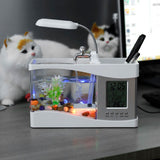 Multifunctional USB Rechargeable Mini Fish Tank Aquarium with Clock Function LED Light White