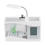 Multifunctional USB Rechargeable Mini Fish Tank Aquarium with Clock Function LED Light White