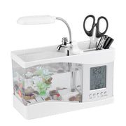 Multifunctional USB Rechargeable Mini Fish Tank Aquarium with Clock Function LED Light White