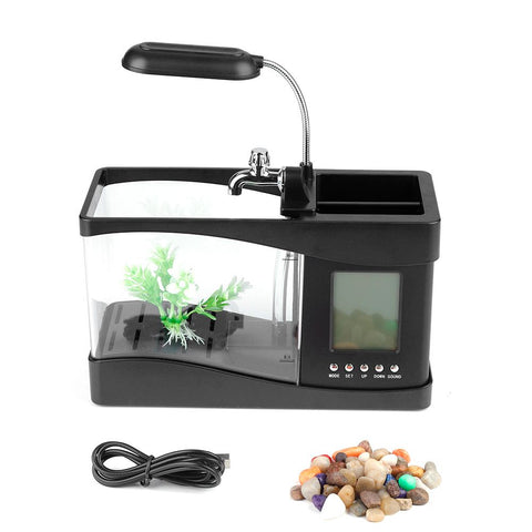 Multifunctional USB Rechargeable Mini Fish Tank Aquarium with Clock Function LED Light Black In Australia - Darrahopens