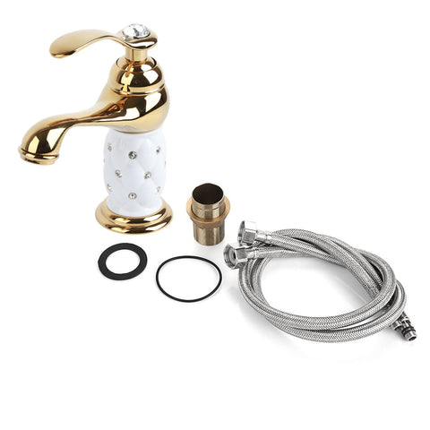 Solid Brass Mixer Tap Cold/Hot Water Faucet with Ornaments for Basin Sink (Golden) In Australia - Darrahopens