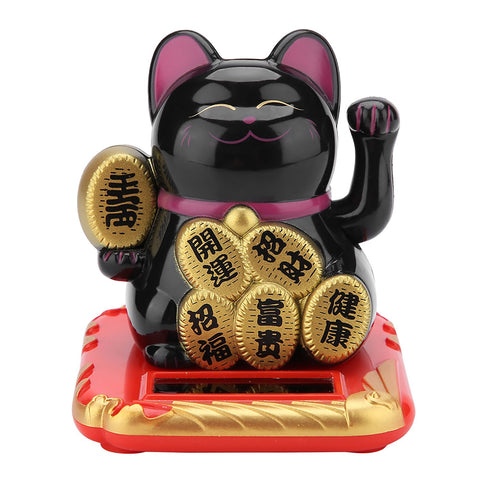 Solar Powered Welcoming Cat Adorable Waving Beckoning Fortune Lucky Cat Home Car Decor(Black) In Australia - Darrahopens