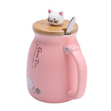 1Pc Lovely Cat Ceramic Cup with Spoon and Lid Coffee Water Milk Mug for Drinkware Gift(Pink)