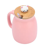 1Pc Lovely Cat Ceramic Cup with Spoon and Lid Coffee Water Milk Mug for Drinkware Gift(Pink)