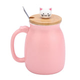 1Pc Lovely Cat Ceramic Cup with Spoon and Lid Coffee Water Milk Mug for Drinkware Gift(Pink)
