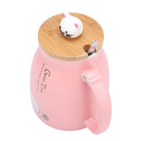 1Pc Lovely Cat Ceramic Cup with Spoon and Lid Coffee Water Milk Mug for Drinkware Gift(Pink)