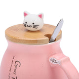 1Pc Lovely Cat Ceramic Cup with Spoon and Lid Coffee Water Milk Mug for Drinkware Gift(Pink)