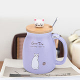 1Pc Lovely Cat Ceramic Cup with Spoon and Lid Coffee Water Milk Mug for Drinkware Gift(Purple)