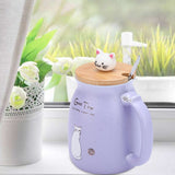 1Pc Lovely Cat Ceramic Cup with Spoon and Lid Coffee Water Milk Mug for Drinkware Gift(Purple)
