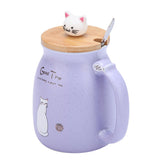 1Pc Lovely Cat Ceramic Cup with Spoon and Lid Coffee Water Milk Mug for Drinkware Gift(Purple)