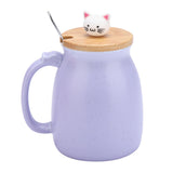 1Pc Lovely Cat Ceramic Cup with Spoon and Lid Coffee Water Milk Mug for Drinkware Gift(Purple)