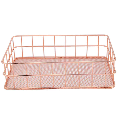 Rose Gold Iron Storage Basket Organizer Storage Holder Desktop Decor (D)