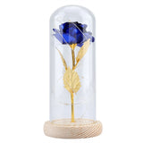 Preserved Rose Flower LED Light with Glass Cover Wooden Base Valentines'Day Wedding Blue