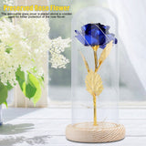 Preserved Rose Flower LED Light with Glass Cover Wooden Base Valentines'Day Wedding Blue