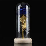 Preserved Rose Flower LED Light with Glass Cover Wooden Base Valentines'Day Wedding Blue