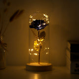 Preserved Rose Flower LED Light with Glass Cover Wooden Base Valentines'Day Wedding Blue
